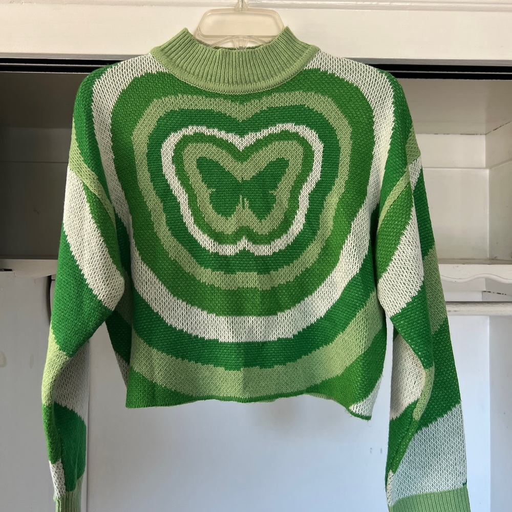 H&M Green and White Butterfly Pattern Turtleneck Sweater